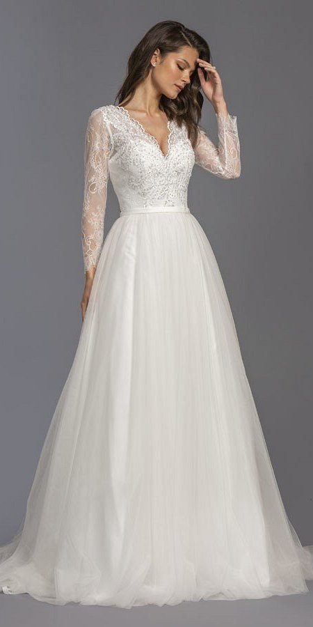 v neck long sleeve wedding gown