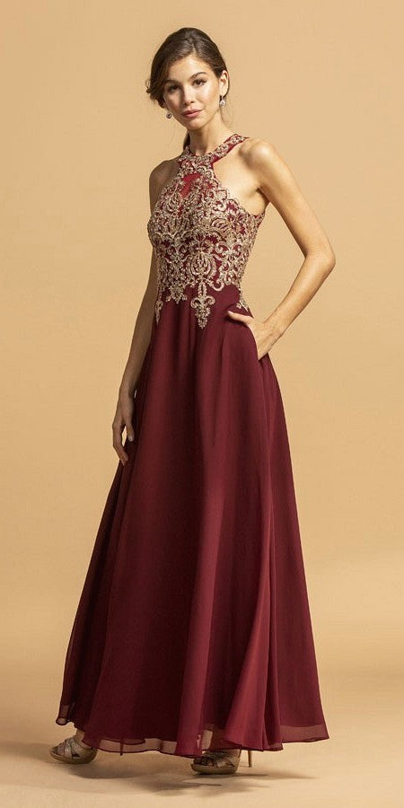 burgundy gold prom dress