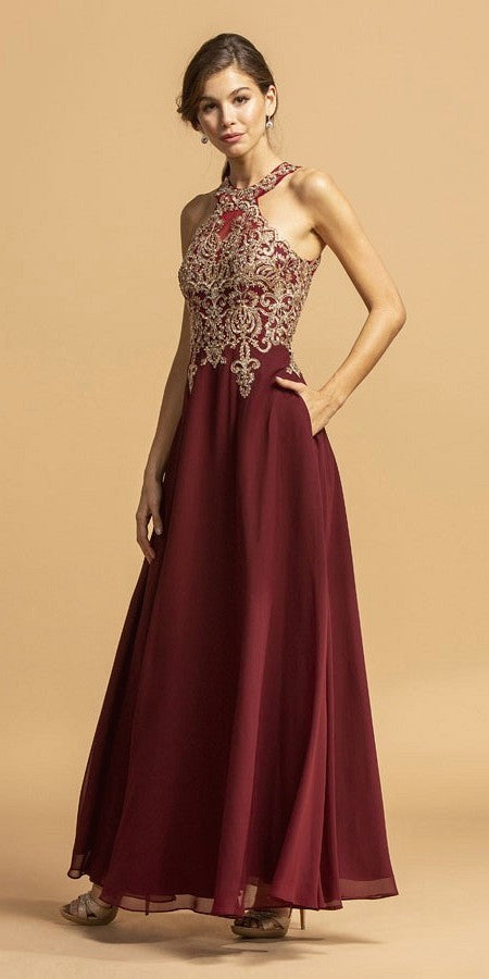 burgundy and gold gown