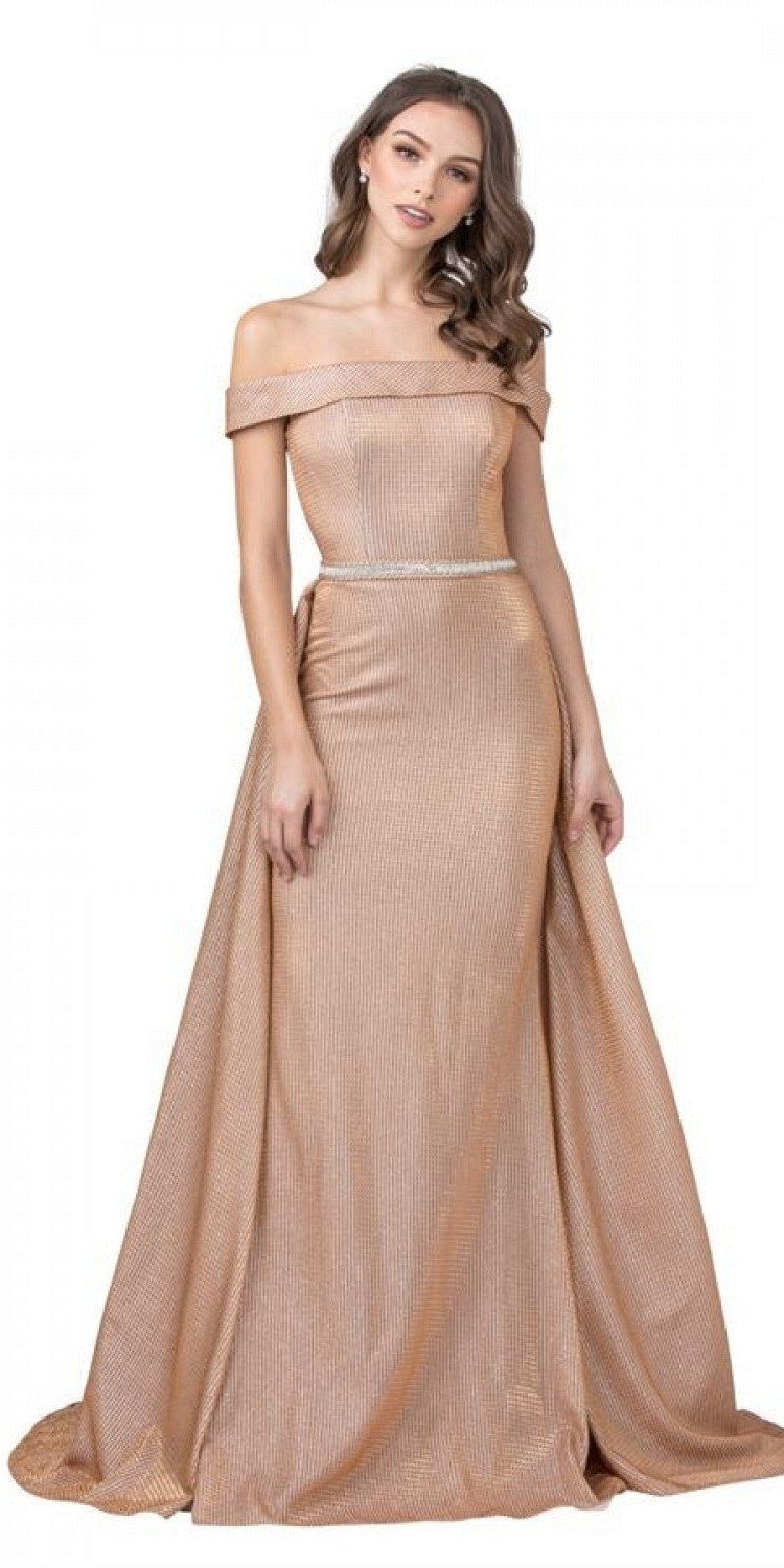 off the shoulder gold prom dress