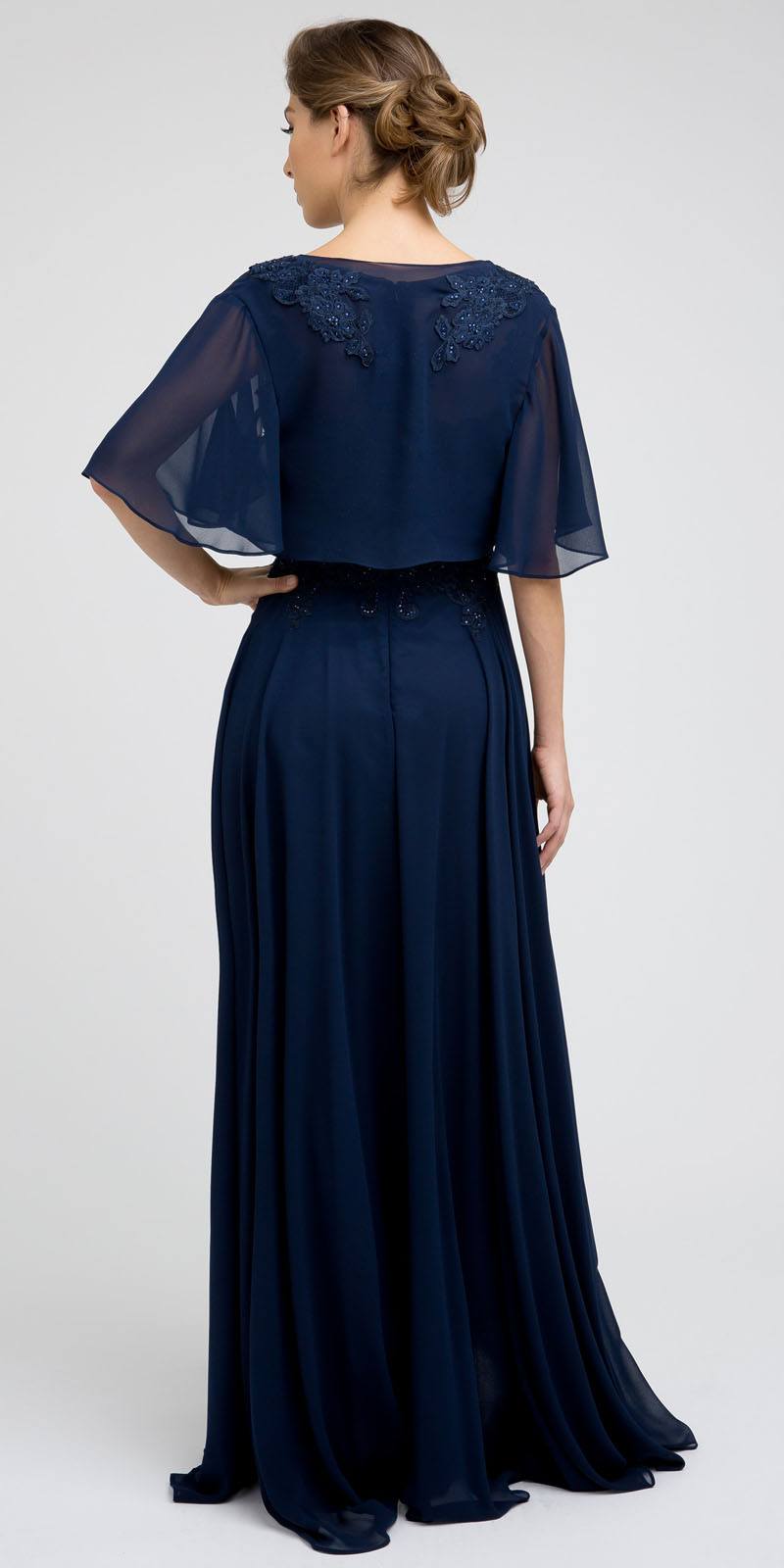 Juliet M13 Navy Blue Appliqued Long Prom Dress with Short Sleeve Bolero ...