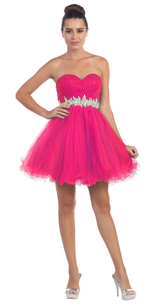 Ruched Bodice Studded Waist Fuchsia Short Poofy Homecoming Dress ...