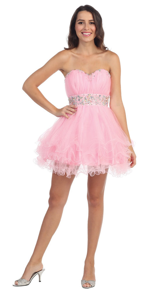 Tiered Ruffled Studded Strapless Short White Homecoming Dress ...