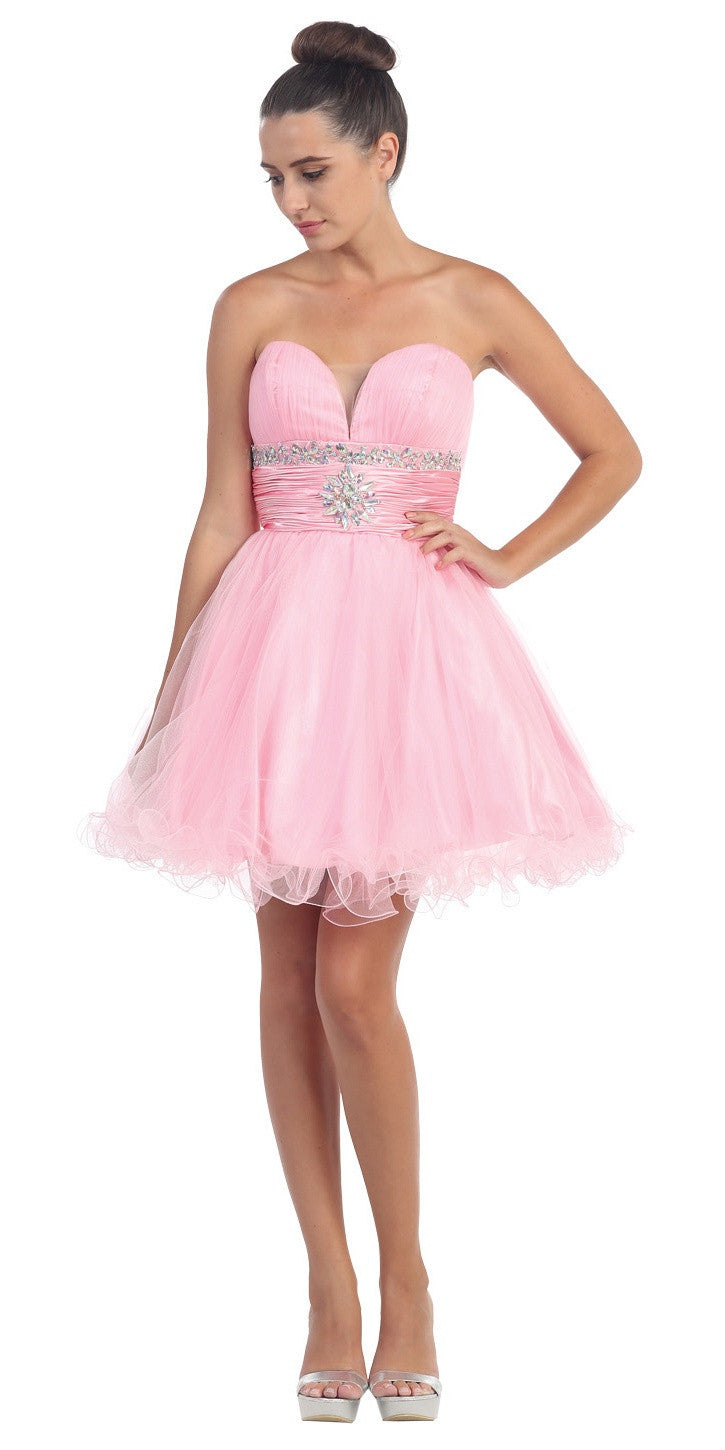 Tulle A Line Skirt Pink Homecoming Dress Strapless Poofy ...