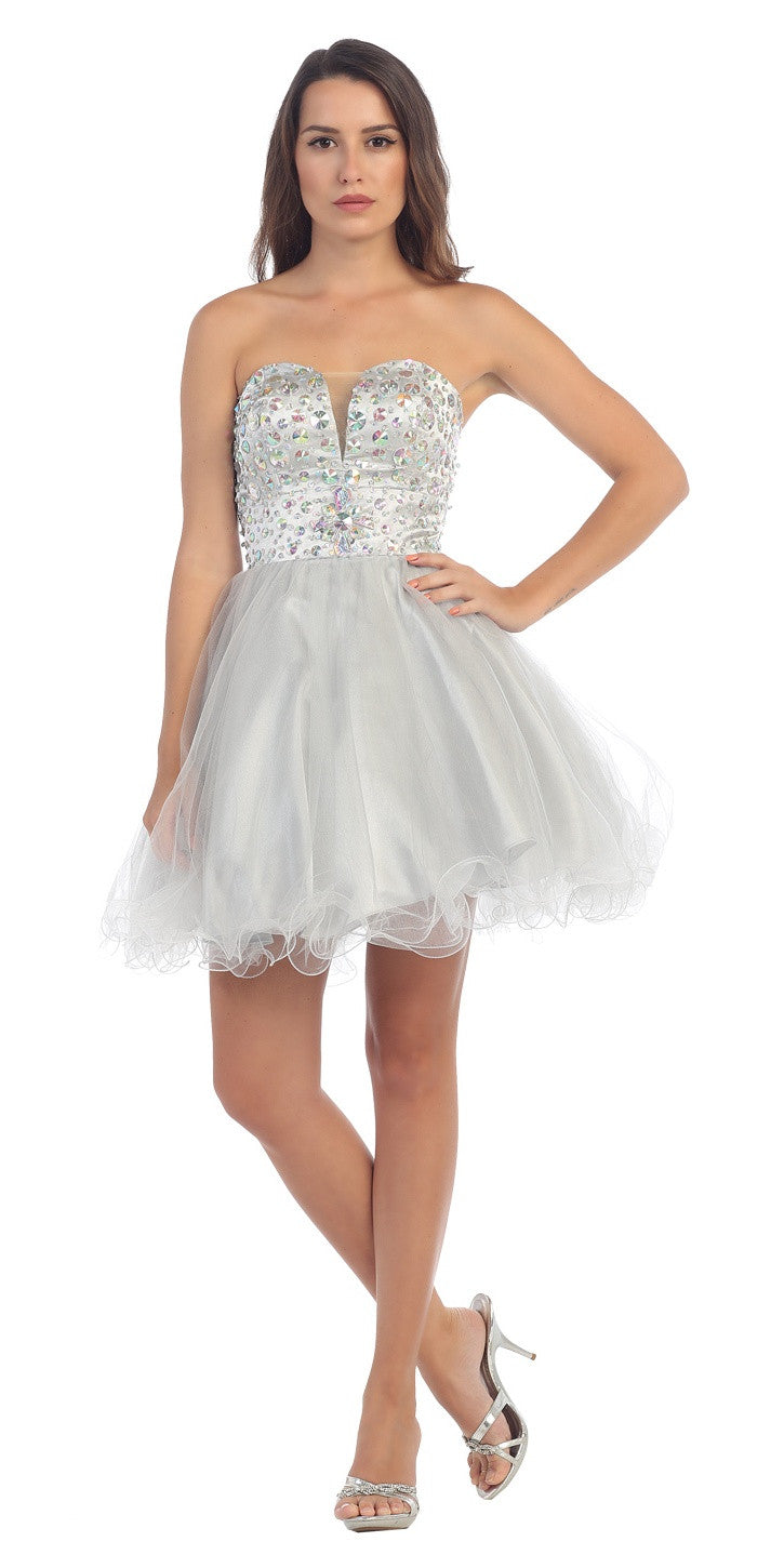 Tulle Poofy Skirt A Line Silver Homecoming Dress Strapless ...