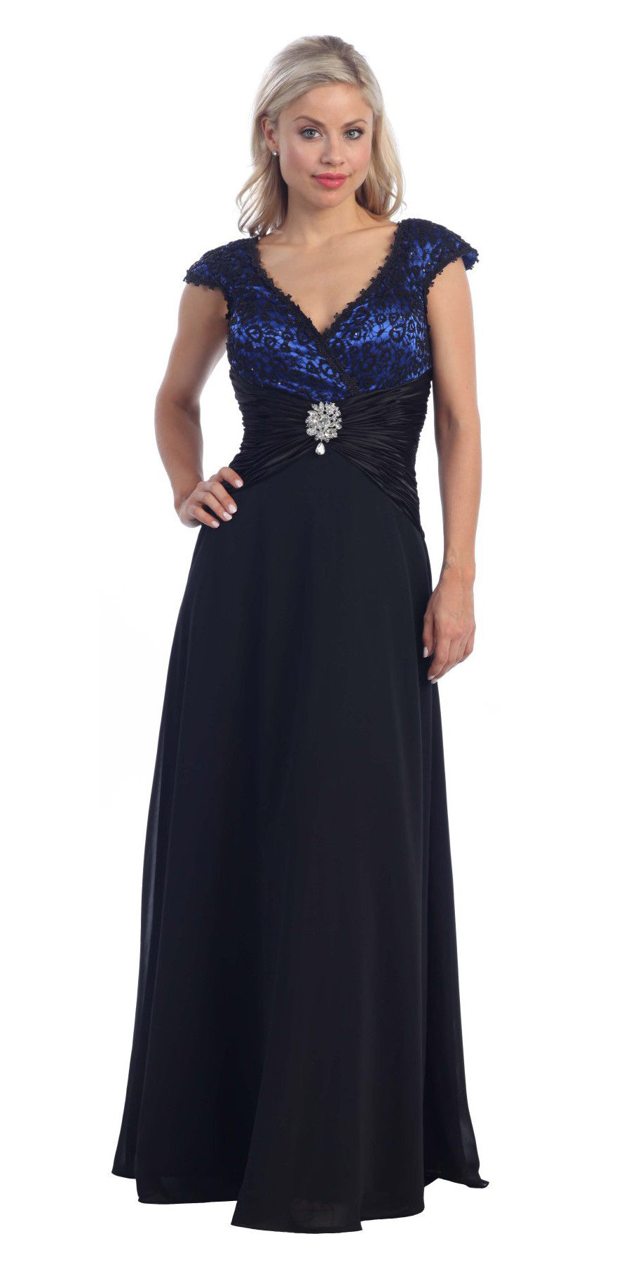 V Back/Neckline Royal Blue Dress Black Cap Sleeves Lace Overlay Gown