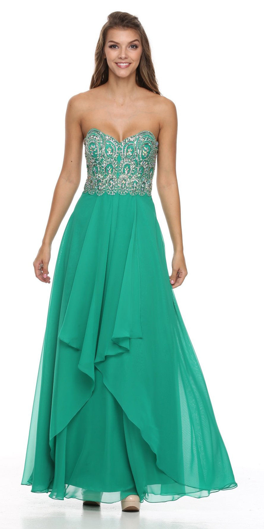 strapless green prom dress