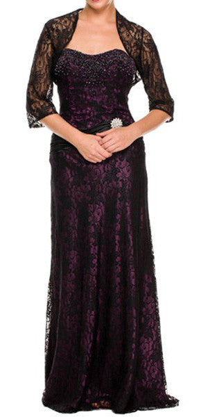 Long Plum Mother Bride Gown Black Lace Bolero Sequin Beading Strapless ...