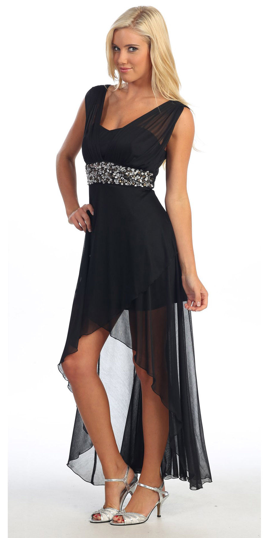 Black Semi Formal Chiffon Dress High Low Wide Strap Rhinestone Waist ...