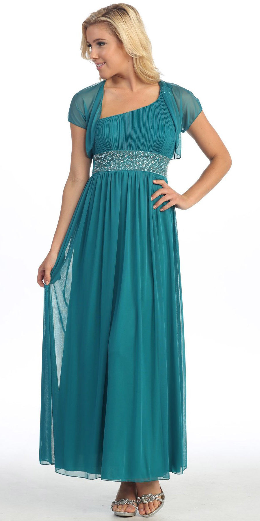Dinner Party Long Teal Green One Shoulder Dress Chiffon Empire Rhinest ...