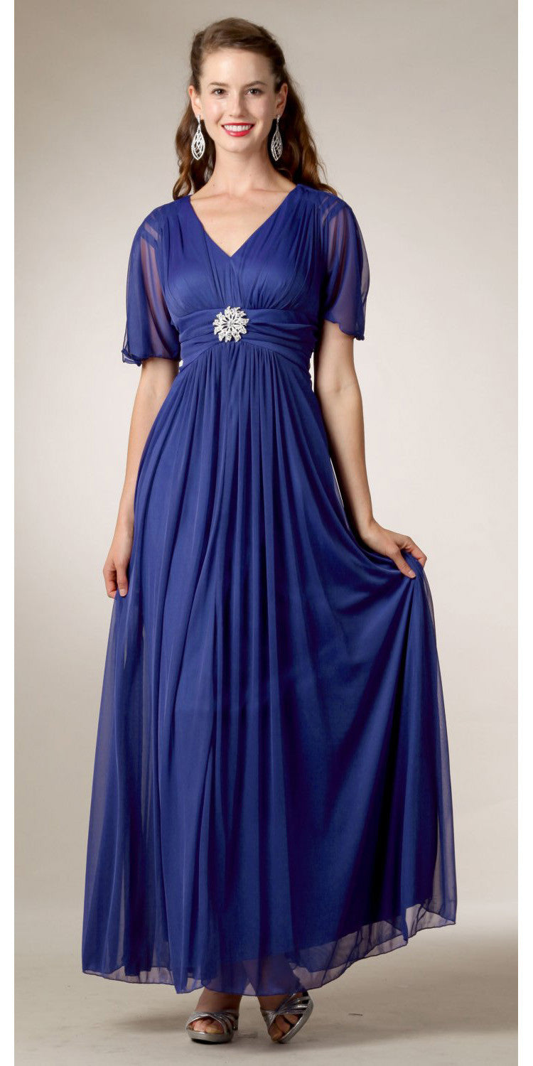 Modest Royal Blue Gown Flowy Tea Length Long V Neck Short Sleeves Empi ...