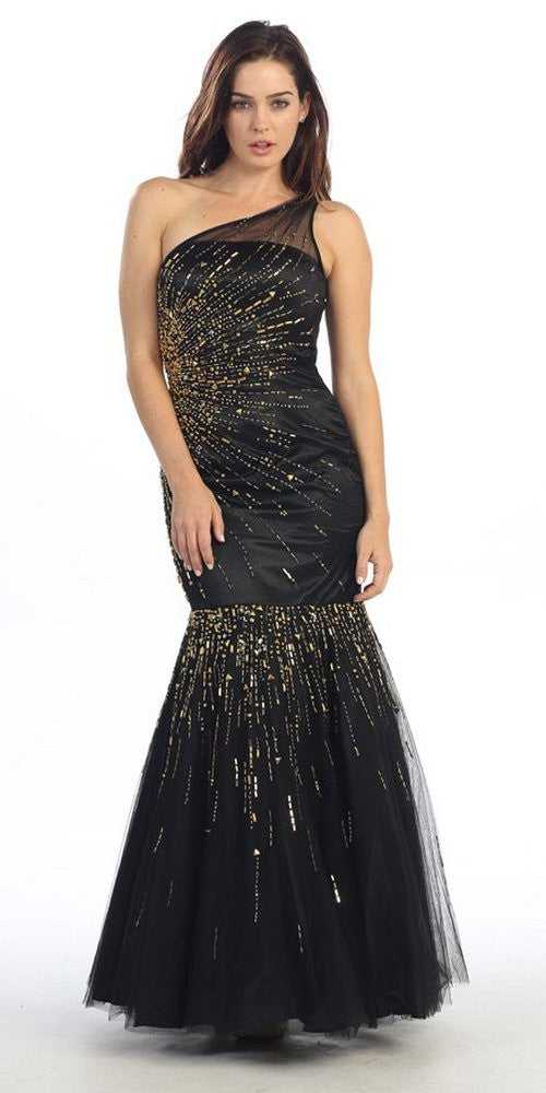 black and gold one shoulder dress