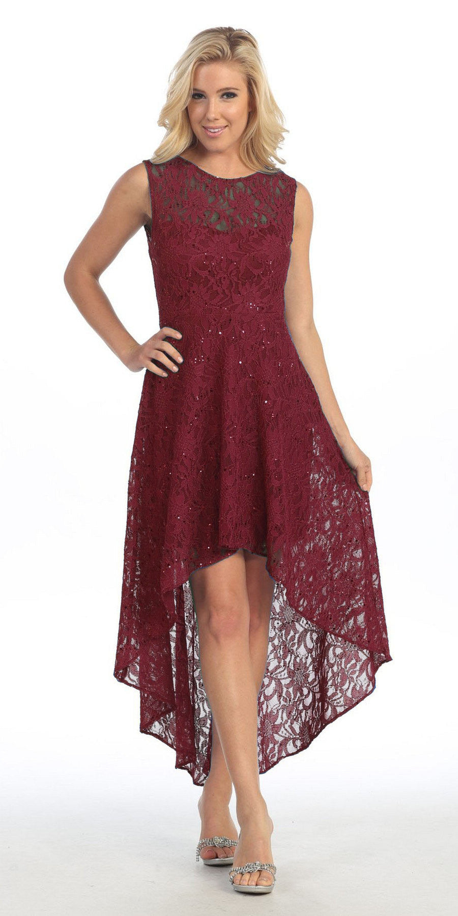 High Low Lace Burgundy  Semi  Formal  Dress  Illusion Neck 