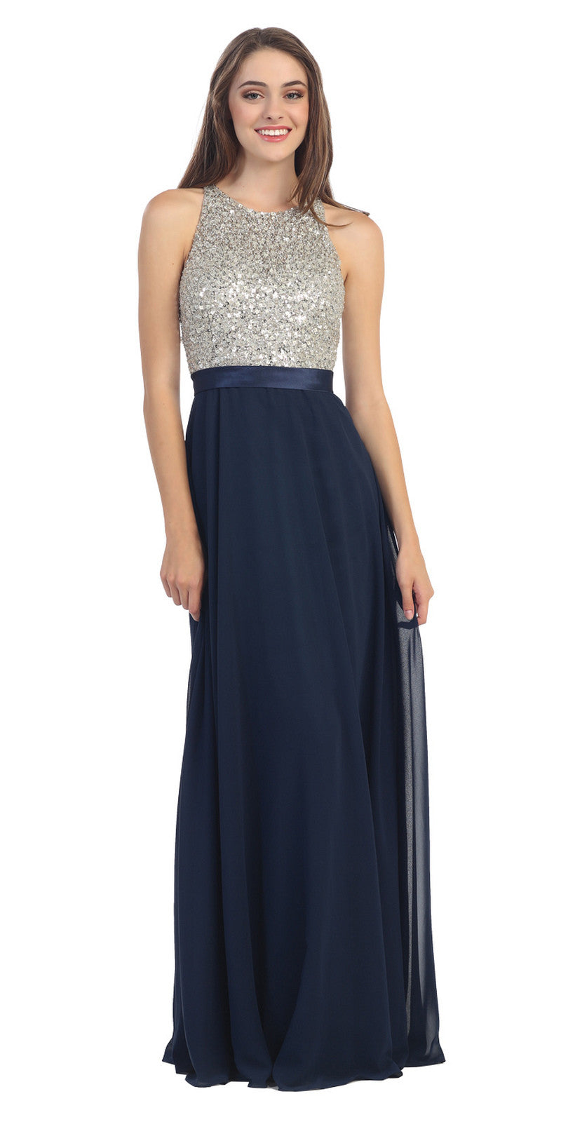 High Neckline Evening Gown Navy Blue 