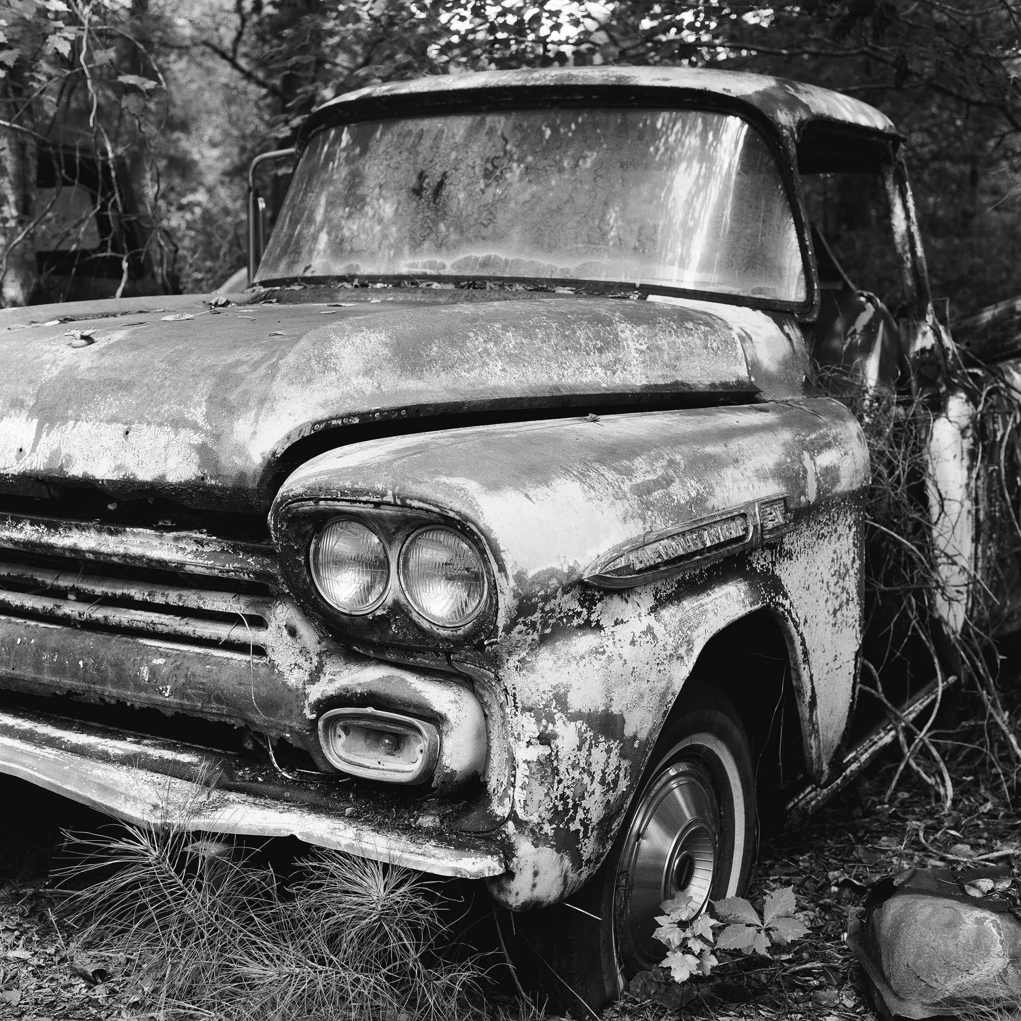 Rusty Antique Chevrolet Pickup Truck - Black and White Photograph by Keith Dotson. Click to buy a fine art print.
