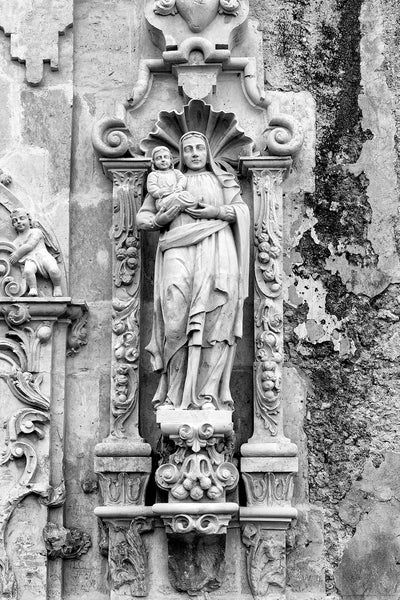 Beautiful carved relief statues at Mission San Jose, black and white photograph by Keith Dotson.