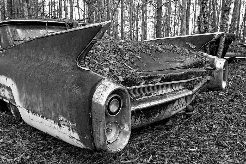 Space Age Tail Fin on a Rusty Antique Car: Black and White Photograph - Keith Dotson Photography