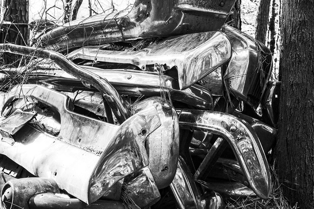 Pile Of Shiny Chrome Bumpers From Classic Cars Black And White Photograph A0024296