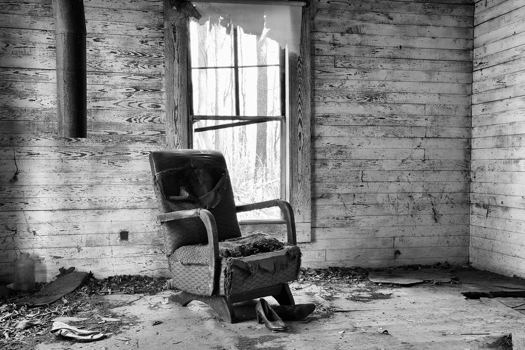Black And White Photograph Of A Chair And Women S Shoes In An Abandoned House Keith Dotson Photography