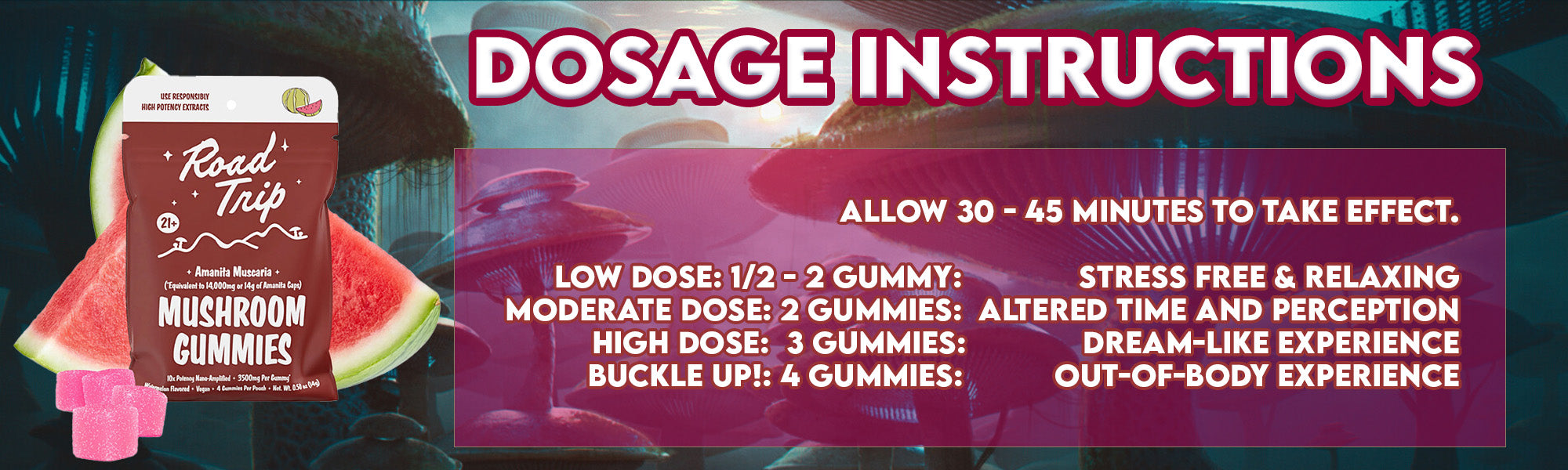 Dosage instructions for Road Trip Amanita Mushroom Gummies