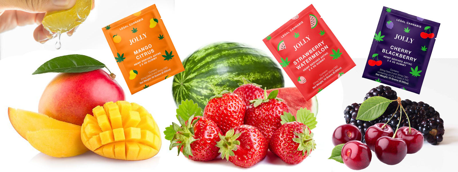 Jolly Cannabis Gummies available in Mango Citrus, Cherry Blackberry and Strawberry Watermelon