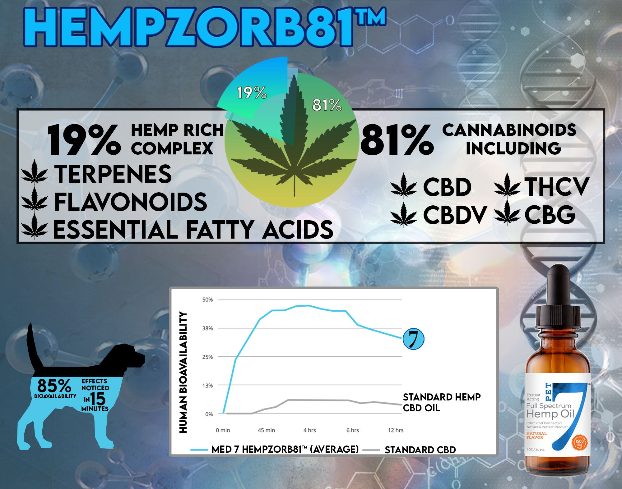 Hempzorb81™  hemp plant is 81% cannabinoids including CBD, CBDV, THCV, CBG, and 19% hemp rich complex