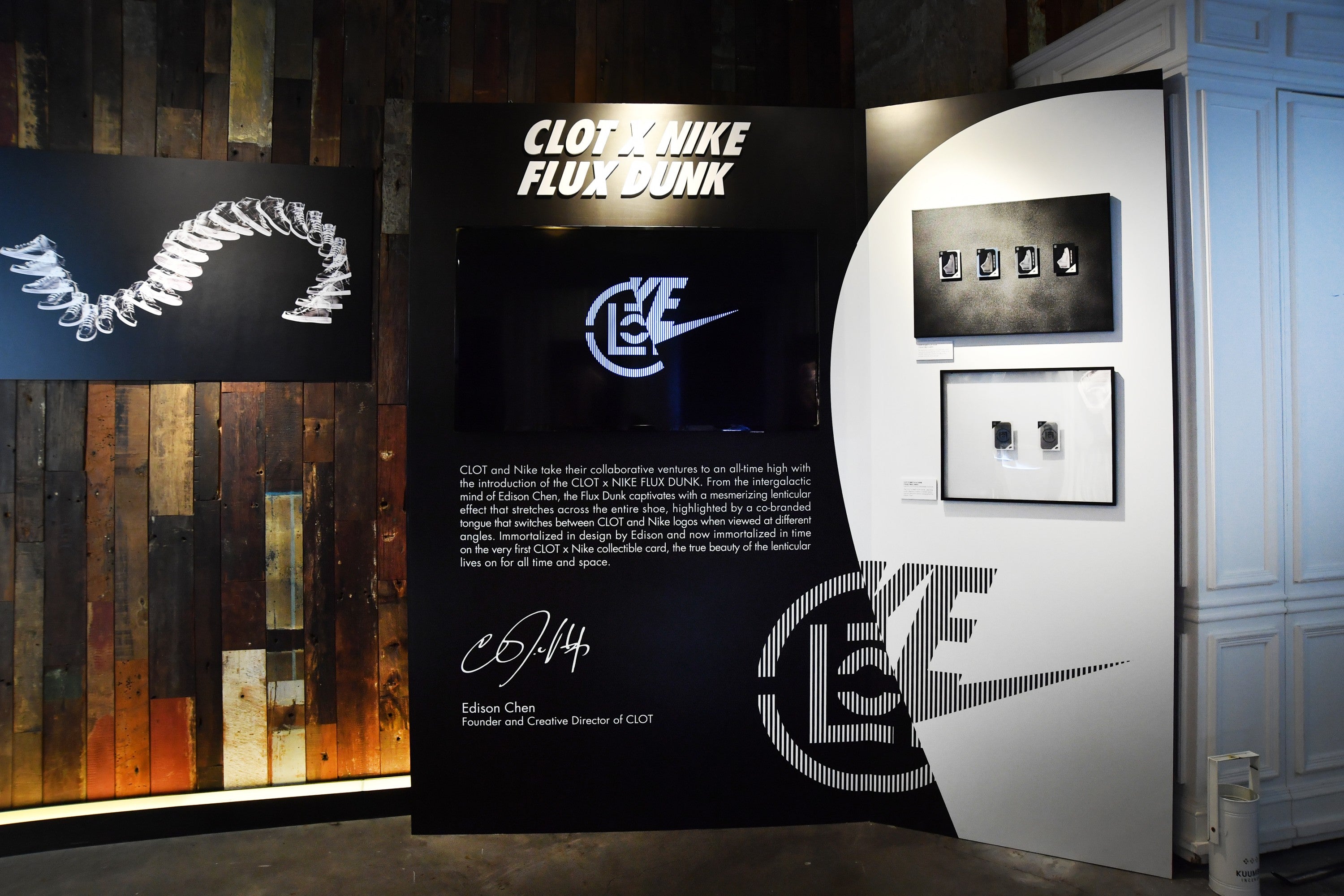 CLOT x NIKE FLUX DUNK pop-up collectible cards feature wall