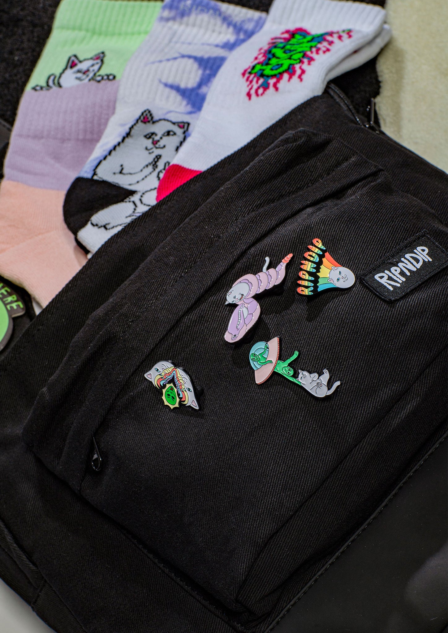 RIPNDIP FW20 bag, socks, pins - close up