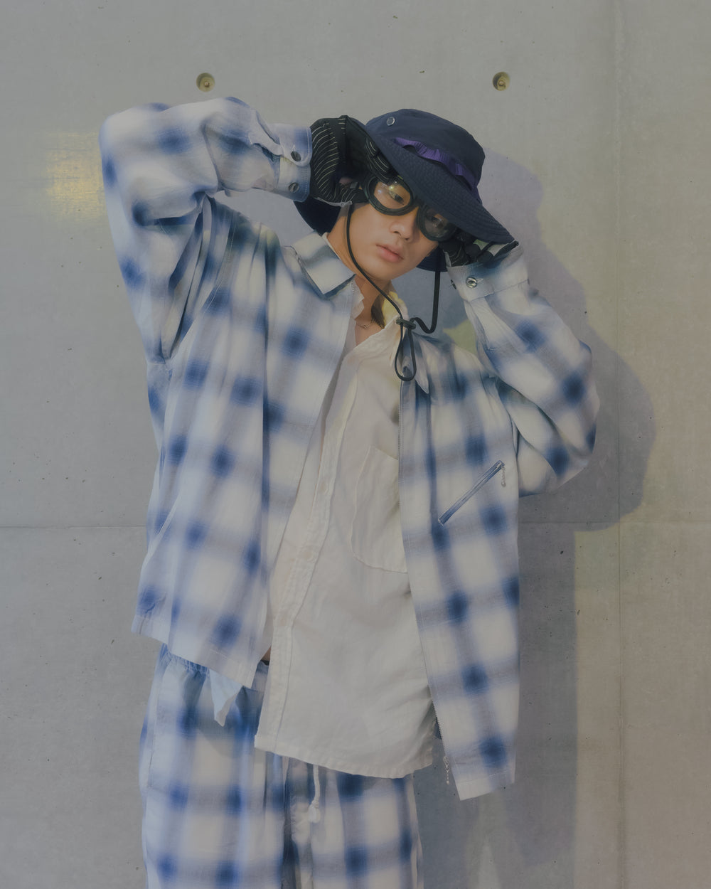 anachronorm's purple boonie hat, ombre swing top jacket blue, and room tapered easy pants blue for the spring summer 2022 collection release from japan, hong kong release