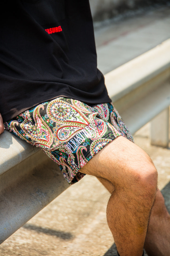 Close up shot of Casket Woven Shorts in a multi-color paisley design for PLEASURES Spring-Summer 2022