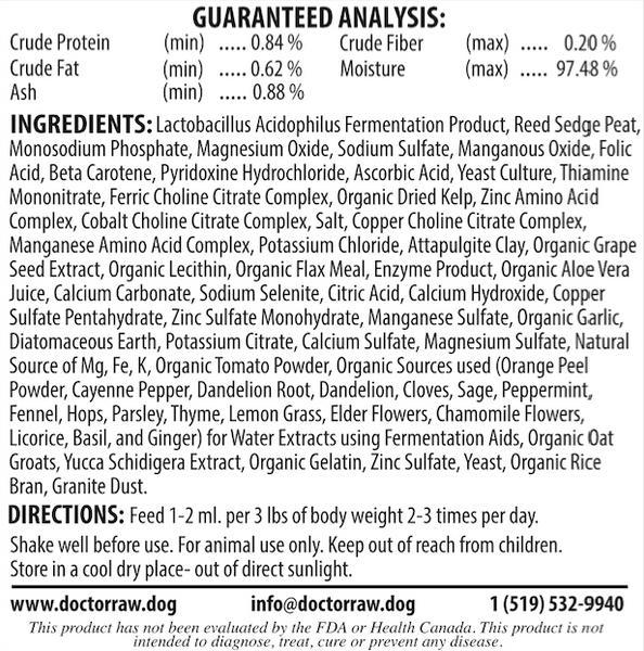 Doctor Raw Nutrient Plus Ingredient Label