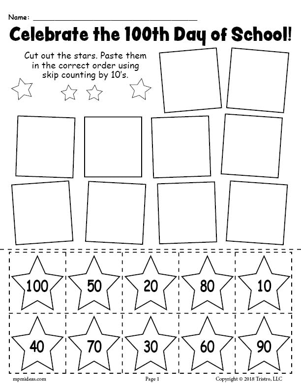 printable 100th day of school skip counting by 10 s worksheet supplyme