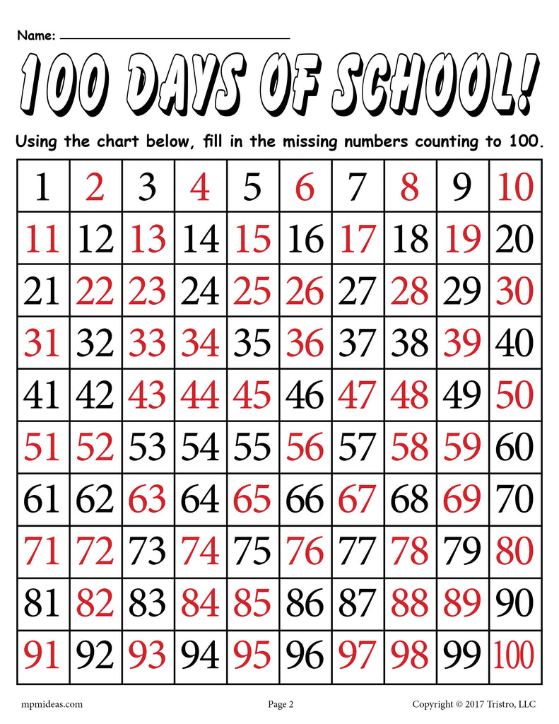"100 Days Of School" FREE Printable Counting To 100