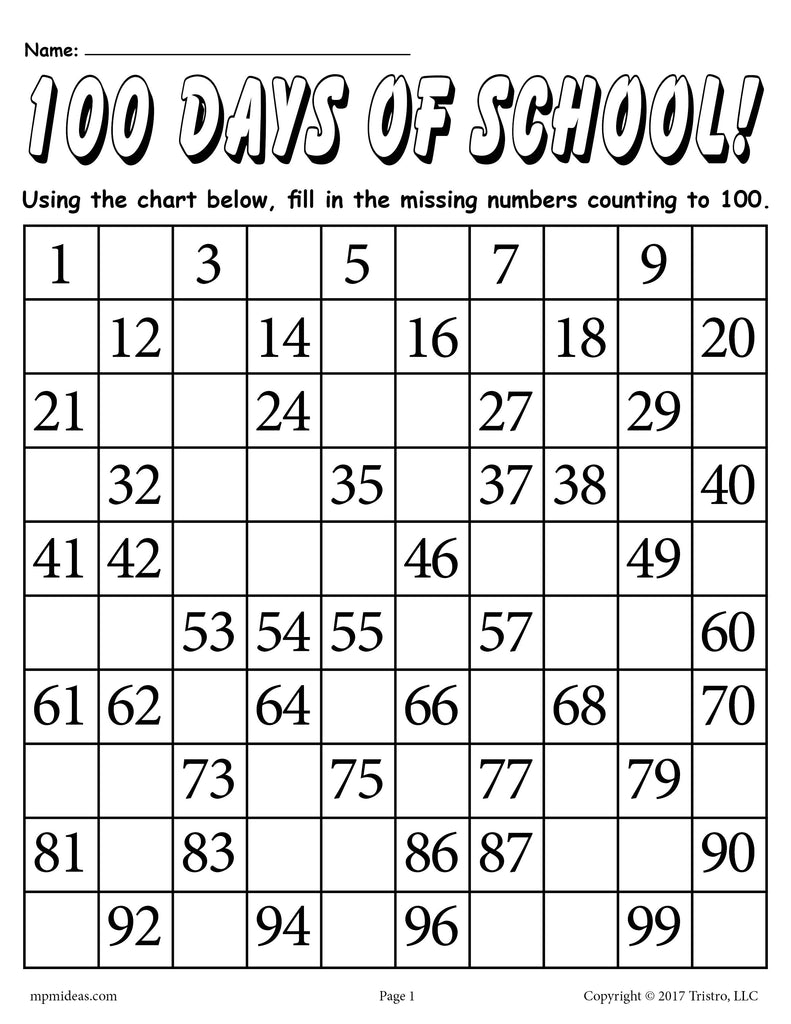 "100 Days of School" - Printable Counting to 100 Worksheet ...