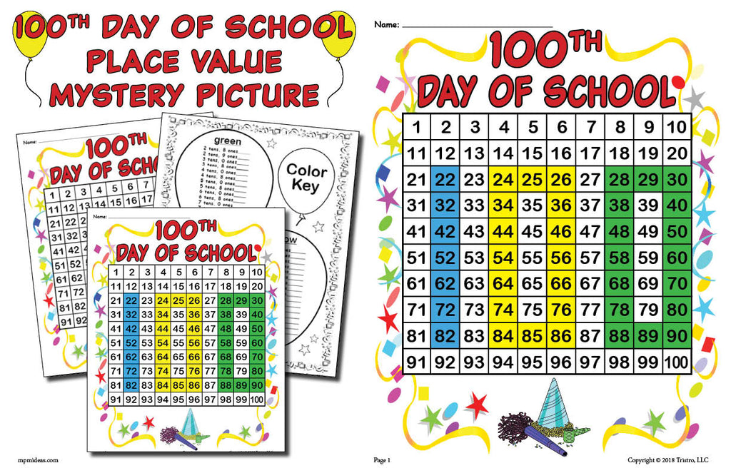 100th Day of School Place Value Mystery Picture Horizontal Version Page 1