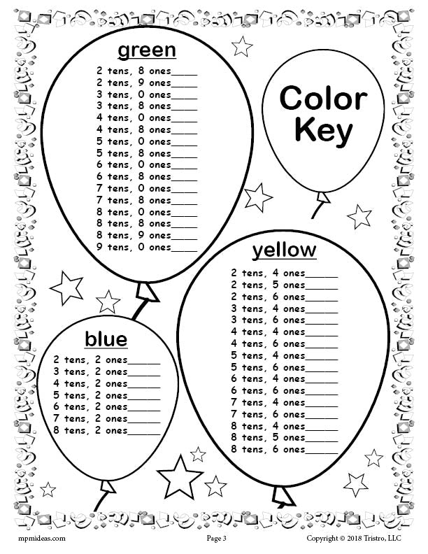 100th Day of School Place Value Mystery Picture Color Key