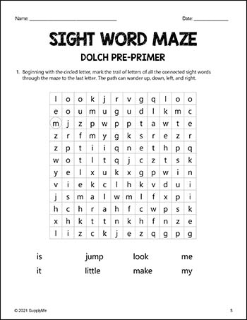 pre primer dolch sight words worksheets sight word maze pre k supplyme