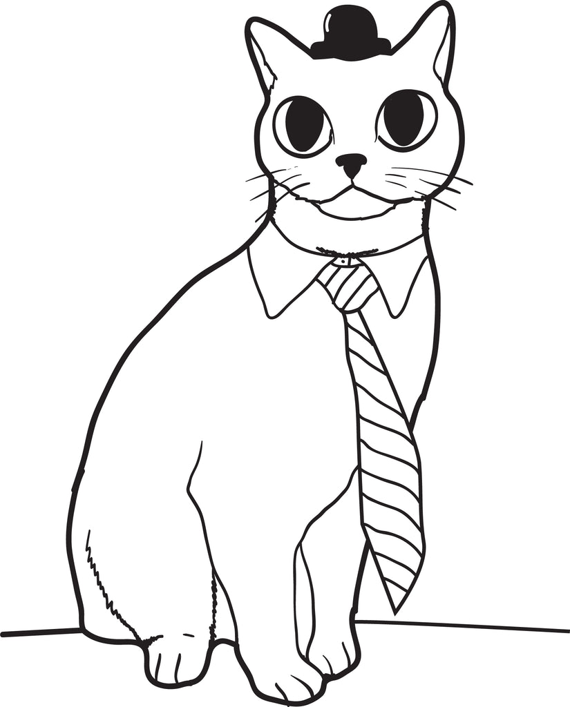 Cat Wearing a Hat and Tie Printable Coloring Page for Kids – SupplyMe