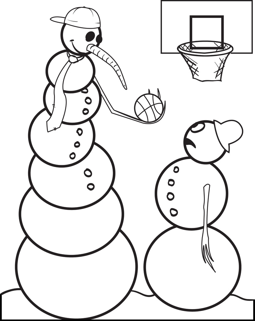 FREE Printable Snowman Playing Basketball Coloring Page for Kids