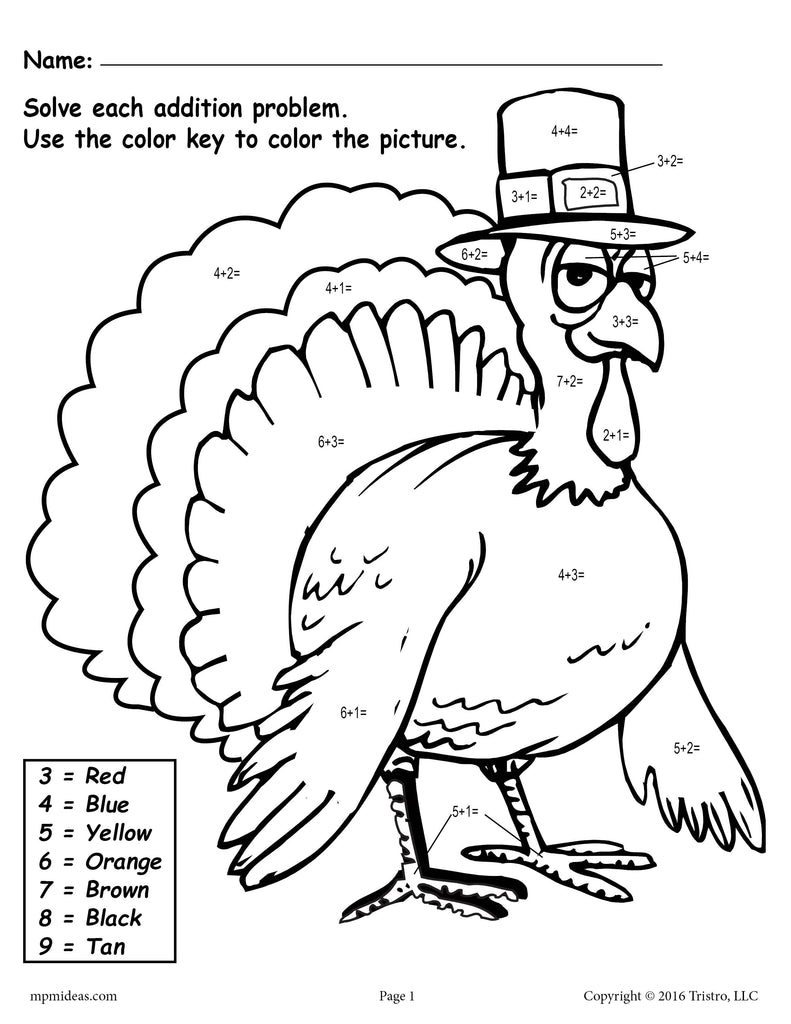 Turkey Color By Number Addition Worksheet