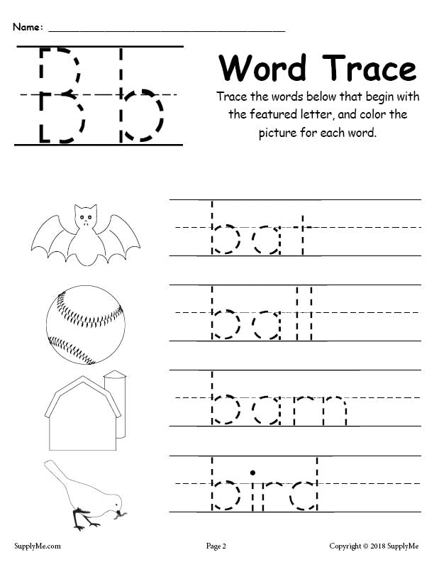 Letter B Words - Alphabet Tracing Worksheet