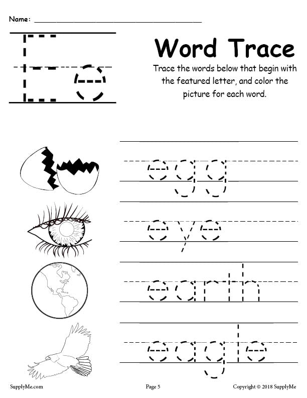 Letter E Words - Alphabet Tracing Worksheet