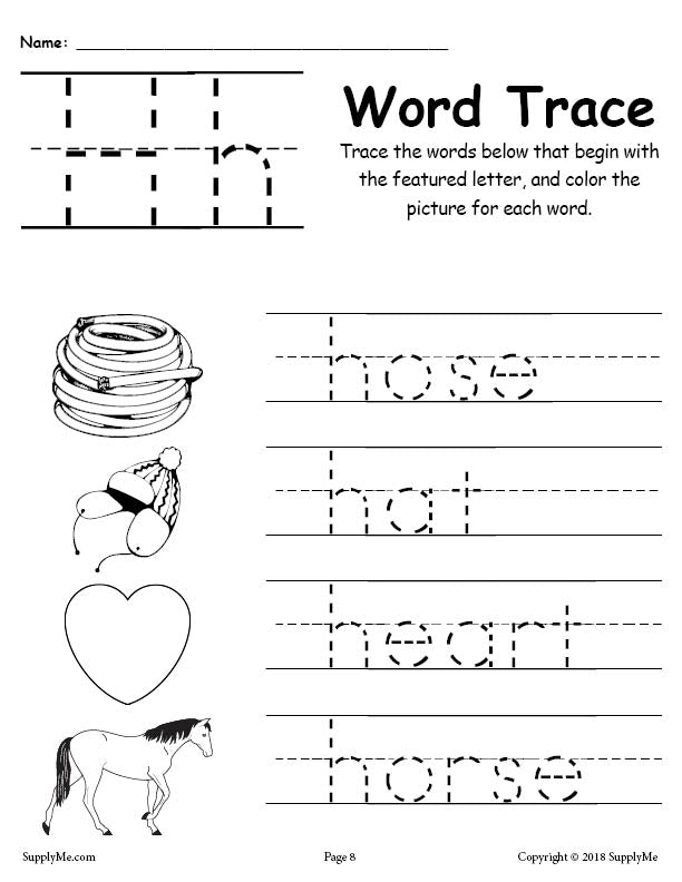 free letter h words alphabet tracing worksheet supplyme