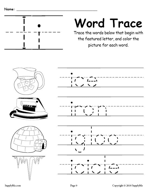 Letter I Words - Alphabet Tracing Worksheet