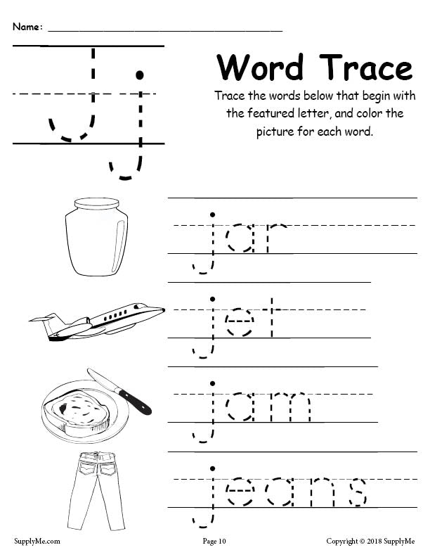 free letter j words alphabet tracing worksheet supplyme