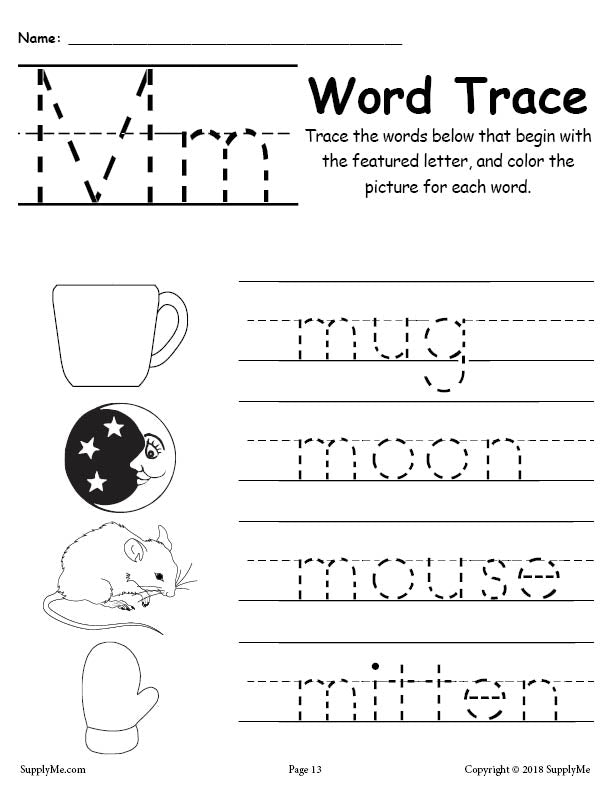 Letter M Words FREE Alphabet Tracing Worksheet – SupplyMe
