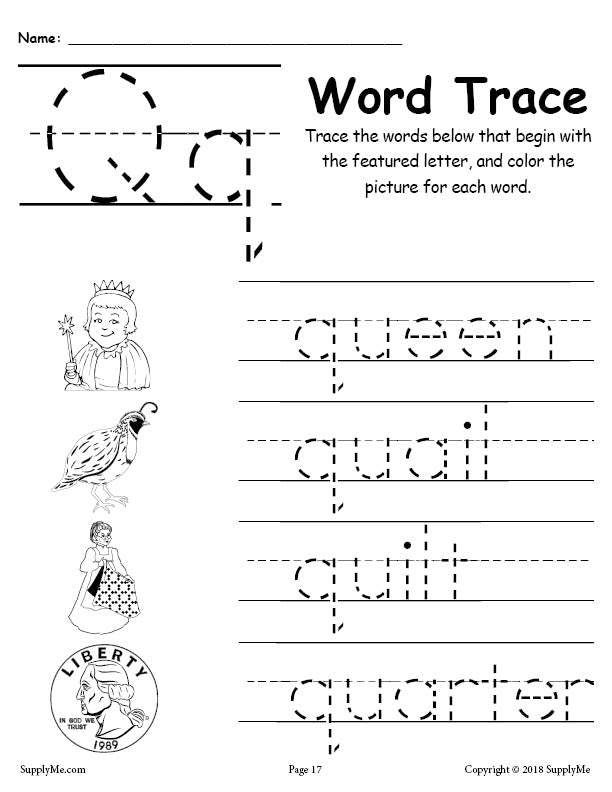 Letter Q Words Alphabet Tracing Worksheet Supplyme