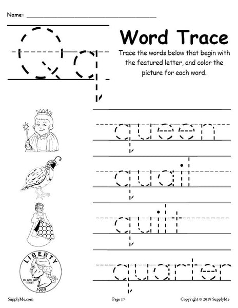 letter q words free alphabet tracing worksheet supplyme