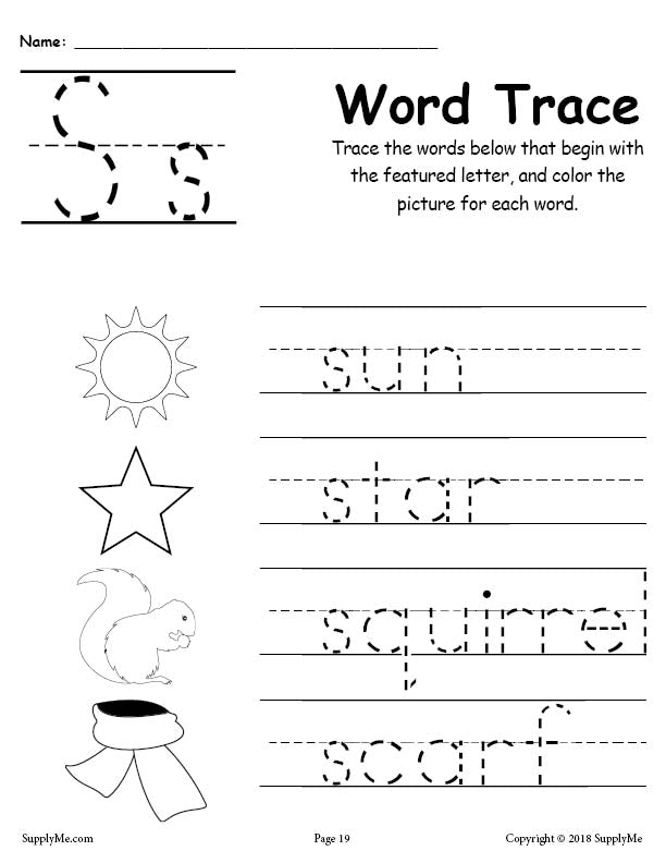 Letter S Words - Alphabet Tracing Worksheet