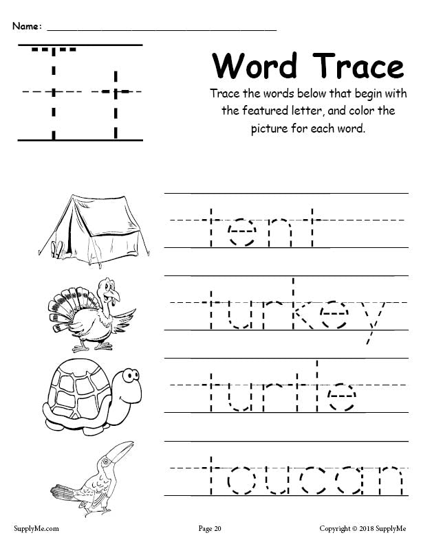 Letter T Words Alphabet Tracing Worksheet Supplyme